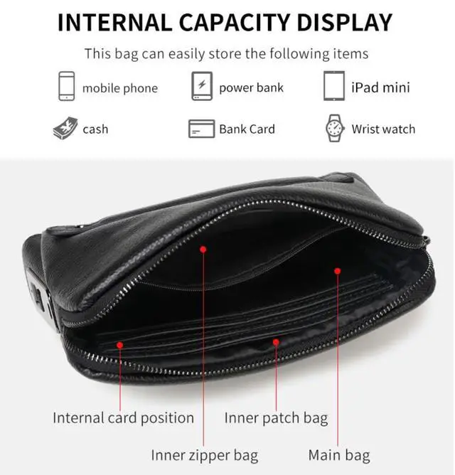 Alt view image 6 of 6 - Fingerprint Lock Leather Handbag,Anti Theft Waterproof Genuine Leather Clutch Bag Wallet for Man Woman (Black)
