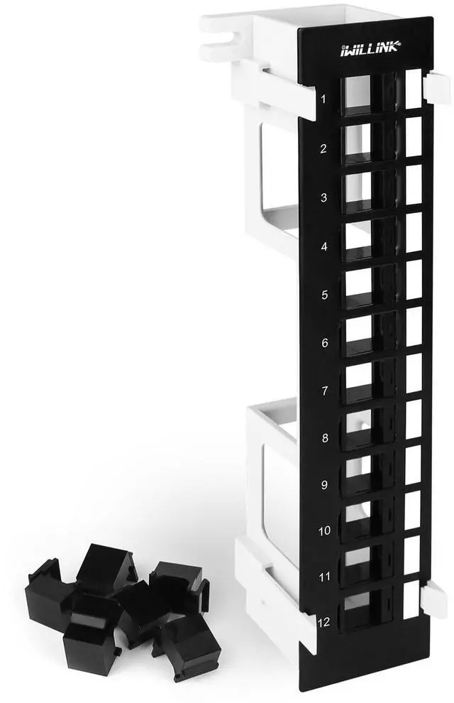 Main image of Blank 12-Port Keystone Patch Panel with 89D Wall Mount Bracket | Cat6 RJ45 Patch Panel, Versatile VerticalHorizontal Installation, Includes 6 Blank Keystone Inserts for Custom Configurations