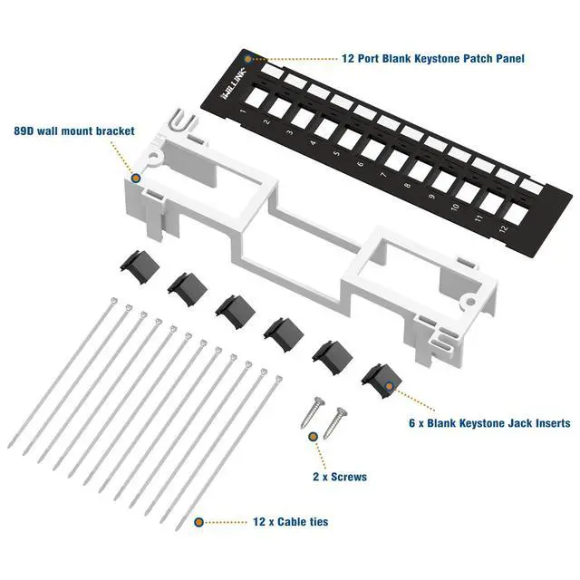 Alt view image 4 of 6 - Blank 12-Port Keystone Patch Panel with 89D Wall Mount Bracket | Cat6 RJ45 Patch Panel, Versatile VerticalHorizontal Installation, Includes 6 Blank Keystone Inserts for Custom Configurations