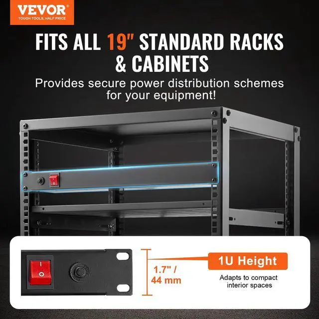 Alt view image 2 of 6 - 8 Outlet Horizontal 1U Rack Mount PDU Power Strip for Network Server Racks, Surge Protection & Overload Protection, 110-125V/15A, with 6ft 14AWG Power Cord