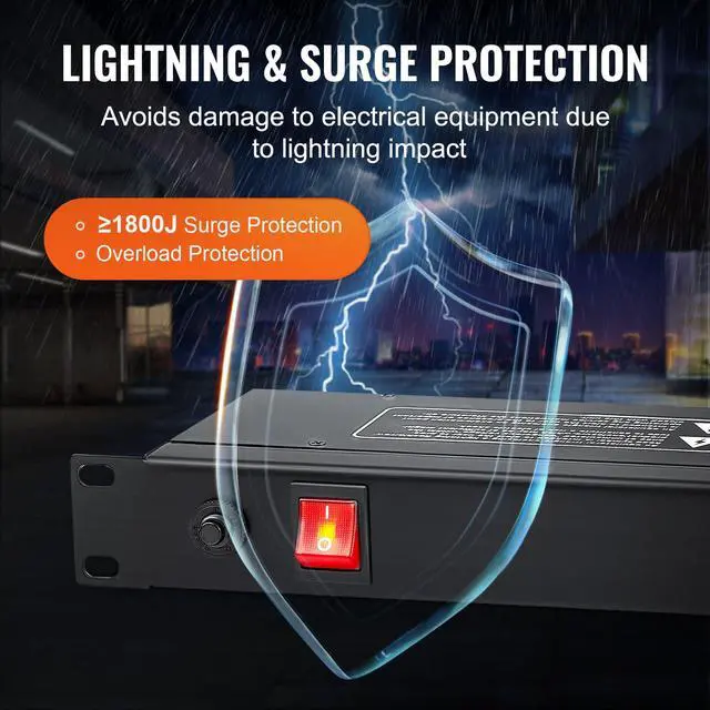 Alt view image 4 of 6 - 8 Outlet Horizontal 1U Rack Mount PDU Power Strip for Network Server Racks, Surge Protection & Overload Protection, 110-125V/15A, with 6ft 14AWG Power Cord