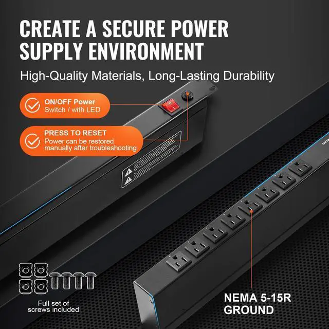 Alt view image 6 of 6 - 8 Outlet Horizontal 1U Rack Mount PDU Power Strip for Network Server Racks, Surge Protection & Overload Protection, 110-125V/15A, with 6ft 14AWG Power Cord