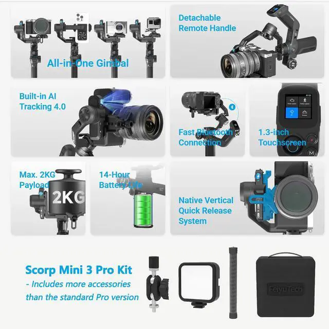 Alt view image 2 of 6 - Feiyu SCORP Mini 3 Pro Kit, Gimbal Stabilizer for Camera,iPhone,Action Cam | Built-in AI Tracking, 4.4lb Payload, Detachable Screen Handle, w/Case, Light, Vertical Shoot, For Canon/Sony/Nikon Camera