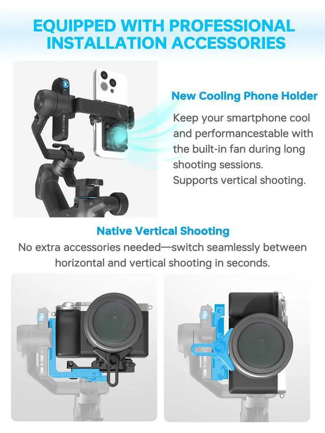 Alt view image 4 of 6 - Feiyu SCORP Mini 3 Pro Kit, Gimbal Stabilizer for Camera,iPhone,Action Cam | Built-in AI Tracking, 4.4lb Payload, Detachable Screen Handle, w/Case, Light, Vertical Shoot, For Canon/Sony/Nikon Camera