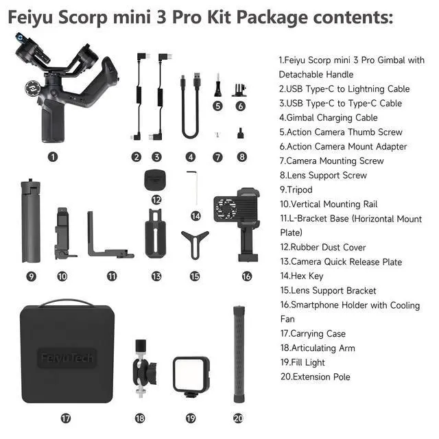 Alt view image 5 of 6 - Feiyu SCORP Mini 3 Pro Kit, Gimbal Stabilizer for Camera,iPhone,Action Cam | Built-in AI Tracking, 4.4lb Payload, Detachable Screen Handle, w/Case, Light, Vertical Shoot, For Canon/Sony/Nikon Camera