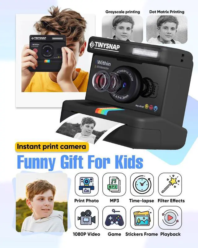 Alt view image 2 of 6 - Instant Print Camera for Kids,Dual Len Kids Cameras with 2.4 Inch Screen, Christmas Birthday Gifts for Girls Age 3-12, Portable Toddler Toy for 3 4 5 6 7 8 9 10 Year Old Girls Boys (Black)