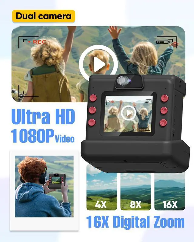 Alt view image 3 of 6 - Instant Print Camera for Kids,Dual Len Kids Cameras with 2.4 Inch Screen, Christmas Birthday Gifts for Girls Age 3-12, Portable Toddler Toy for 3 4 5 6 7 8 9 10 Year Old Girls Boys (Black)