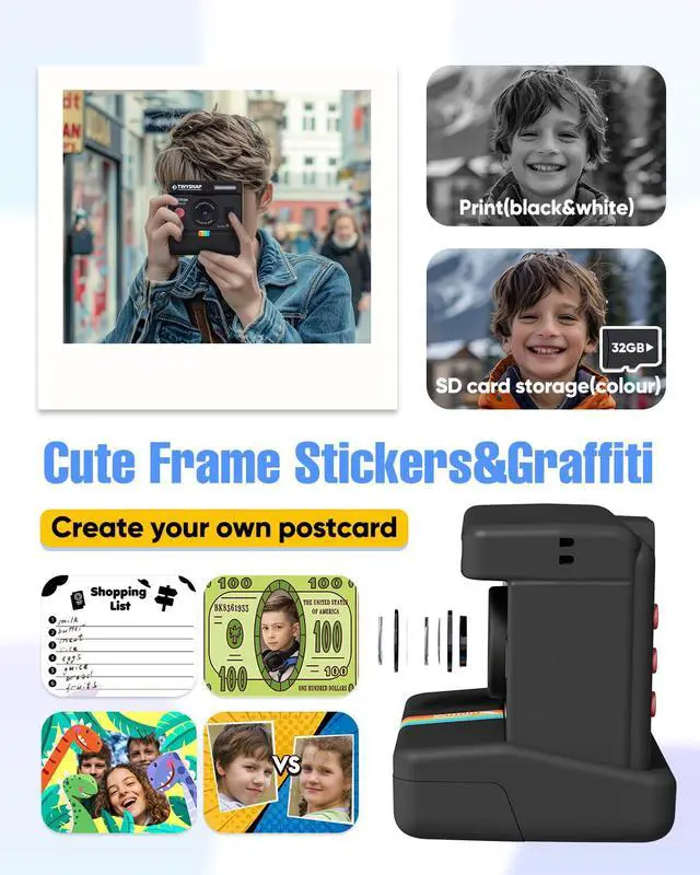 Alt view image 4 of 6 - Instant Print Camera for Kids,Dual Len Kids Cameras with 2.4 Inch Screen, Christmas Birthday Gifts for Girls Age 3-12, Portable Toddler Toy for 3 4 5 6 7 8 9 10 Year Old Girls Boys (Black)