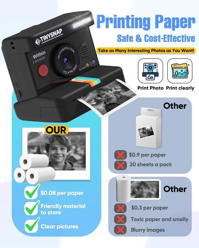 Alt view image 5 of 6 - Instant Print Camera for Kids,Dual Len Kids Cameras with 2.4 Inch Screen, Christmas Birthday Gifts for Girls Age 3-12, Portable Toddler Toy for 3 4 5 6 7 8 9 10 Year Old Girls Boys (Black)