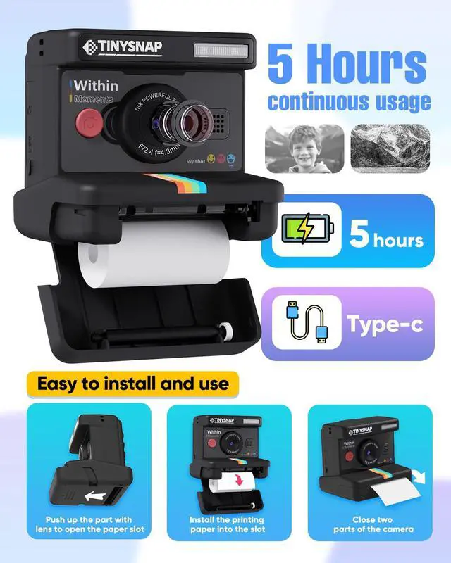 Alt view image 6 of 6 - Instant Print Camera for Kids,Dual Len Kids Cameras with 2.4 Inch Screen, Christmas Birthday Gifts for Girls Age 3-12, Portable Toddler Toy for 3 4 5 6 7 8 9 10 Year Old Girls Boys (Black)