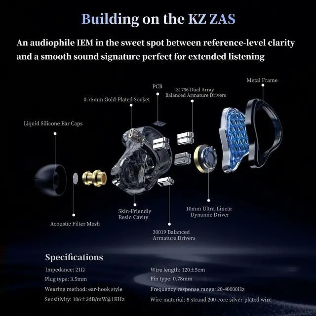 Alt view image 3 of 6 - ZAS Pro 7BA+1DD IEM - HiFi in-Ear Monitor for Musicians | Hybrid driver, 3.5mm wired, noise isolation, detachable cable, clear in all frequency, for stage/studio/audiophile