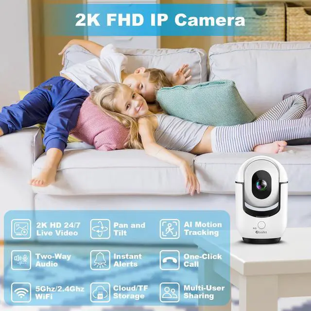 Alt view image 2 of 6 - 2K Indoor Camera, 5/2.4 GHz WiFi Pan/Tilt Security Camera with AI Motion Detection, One-Click Call for Baby Monitor, Wired Pet Camera with 2-Way Audio, 24/7, Siren Alarm, TF/Cloud Storage