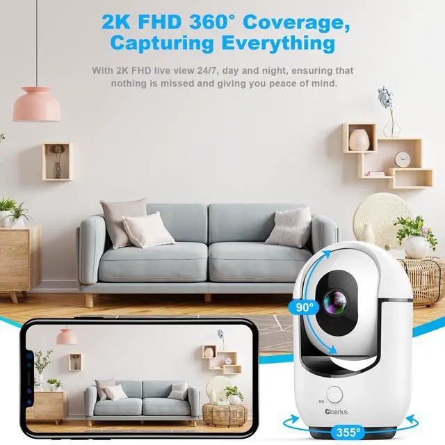 Alt view image 4 of 6 - 2K Indoor Camera, 5/2.4 GHz WiFi Pan/Tilt Security Camera with AI Motion Detection, One-Click Call for Baby Monitor, Wired Pet Camera with 2-Way Audio, 24/7, Siren Alarm, TF/Cloud Storage