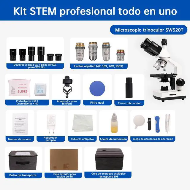 Alt view image 6 of 6 - SW320T Trinocular Microscope w/ 2MP Camera, Carrying Case,Pro Bundle | Metal Build for Adults Students.Real-time PC imaging with Slides,Phone Adapter & Microscope Kit.Precision Stage Control