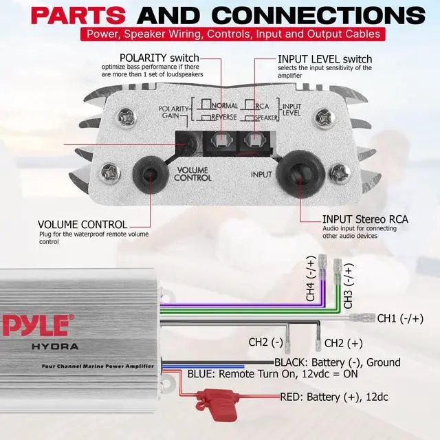 Alt view image 2 of 6 - 400W 4-Channel Hydra Marine Micro Amplifier - Waterproof - RCA Input - 3.5mm Jack - MP3 - Soft Turn On/Off - Volume Gain Level Remote Control - Power Protection - PLMRMP3A