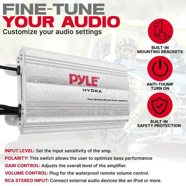 Alt view image 6 of 6 - 400W 4-Channel Hydra Marine Micro Amplifier - Waterproof - RCA Input - 3.5mm Jack - MP3 - Soft Turn On/Off - Volume Gain Level Remote Control - Power Protection - PLMRMP3A