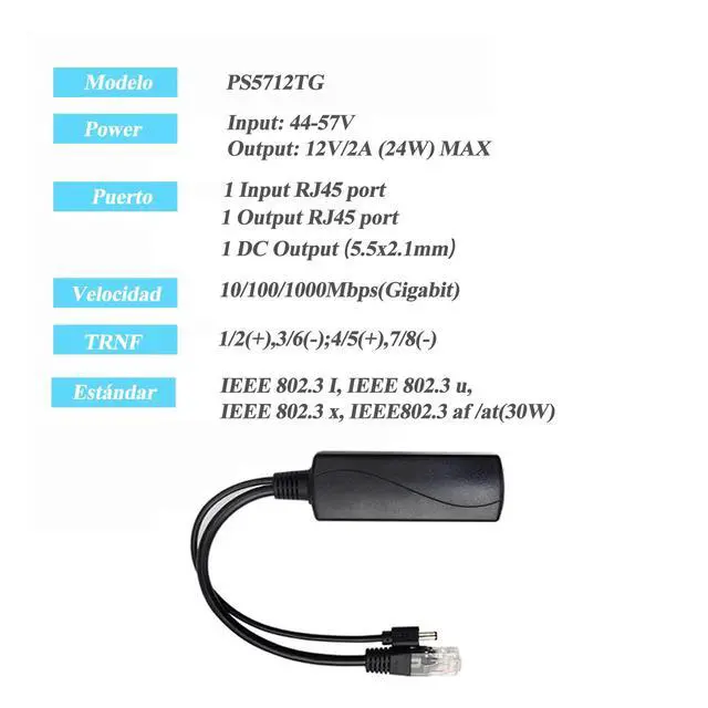 Alt view image 5 of 6 - Gigabit PoE Splitter 12V 2A Output with IEEE 802.3af/at Standard Compliant 10,100,1000Mbps Power Over Ethernet Splitter Adapter for Security Camera CCTV Surveillance 5.5x2.1mm DC Plug Cable(PS5712TG)