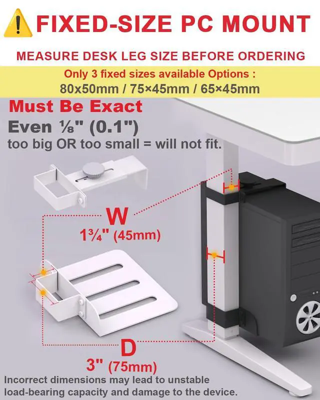 Alt view image 2 of 6 - Under Desk PC Mount - No Drilling Heavy Duty 40lbs Capacity, Adjustable Height and Width Clamp-on Desk Leg PC Mount for Standing Desks (Fits 75mm×45mm Legs only), with Non-Slip Pads, Black