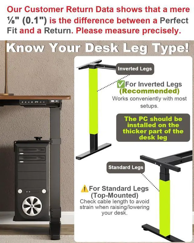 Alt view image 4 of 6 - Under Desk PC Mount - No Drilling Heavy Duty 40lbs Capacity, Adjustable Height and Width Clamp-on Desk Leg PC Mount for Standing Desks (Fits 75mm×45mm Legs only), with Non-Slip Pads, Black