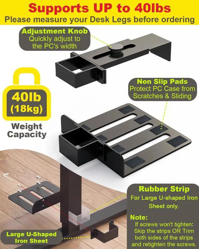 Alt view image 5 of 6 - Under Desk PC Mount - No Drilling Heavy Duty 40lbs Capacity, Adjustable Height and Width Clamp-on Desk Leg PC Mount for Standing Desks (Fits 75mm×45mm Legs only), with Non-Slip Pads, Black