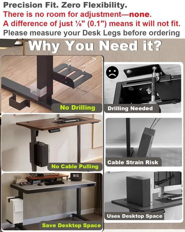 Alt view image 6 of 6 - Under Desk PC Mount - No Drilling Heavy Duty 40lbs Capacity, Adjustable Height and Width Clamp-on Desk Leg PC Mount for Standing Desks (Fits 75mm×45mm Legs only), with Non-Slip Pads, Black