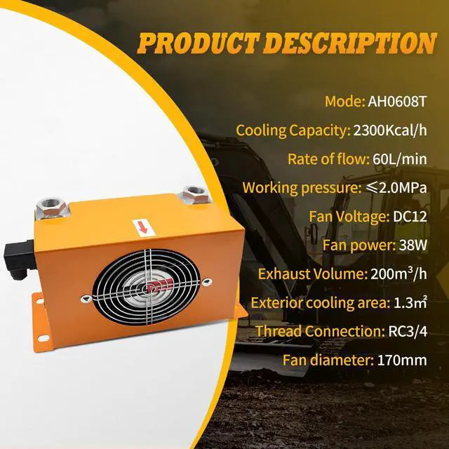 Alt view image 3 of 6 - AH0608T-CA Hydraulic Oil Cooler Compatible with Mini Excavator | 1-2Ton, DC 12V, 38W Rated Power, 60L/min Flow Rate, 1.3 Heat Dissipation Area, Efficient Heat Dissipation