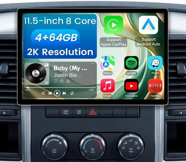 Main image of 11.5 Inch 8 Core 4GB+64GB Car Radio Stereo for Dodge RAM 1500/2500/3500 2009-2012, 2K Touchscreen Android 13 Head Unit with Wireless CarPlay & Android Auto,1080P Backup Camera, GPS, SWC, AM/FM Radio
