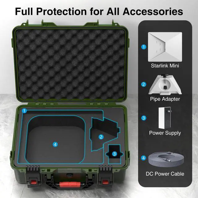 Alt view image 2 of 6 - Starlink Mini Case, Waterproof Green Starlink Mini Hard Case with Portable Strap, Precision Cut Foam for Starlink Accessories, Starlink Bag for Travel Outdoor Camping Hiking