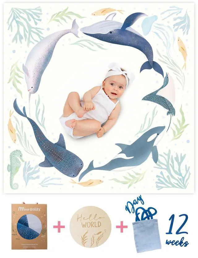 Alt view image 2 of 6 - Ocean Baby Milestone Blanket Monthly Baby Milestone Photo Prop for Boy, Under The Sea Growth Tracker Blanket with Hello World Sign and Registry Must-Have