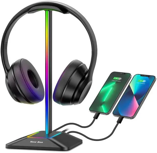 Main image of Headphone Stand with RGB Lighting, Sturdy Aluminum Gaming Headset Holder with USB-C & USB Charging Ports, Stable Desktop Earphone Stand for All Headphones Size, Black | USB-C & USB Charging Ports, Sta