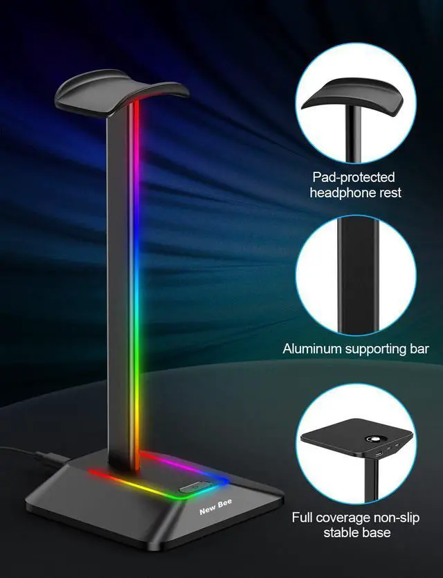 Alt view image 4 of 6 - Headphone Stand with RGB Lighting, Sturdy Aluminum Gaming Headset Holder with USB-C & USB Charging Ports, Stable Desktop Earphone Stand for All Headphones Size, Black | USB-C & USB Charging Ports, Sta