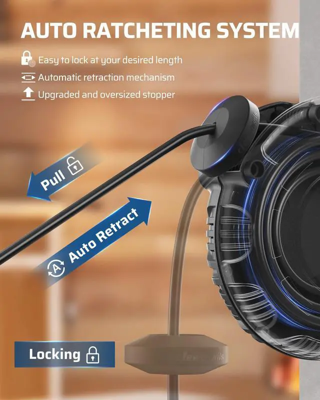 Alt view image 3 of 6 - 10 Gauge Retractable Extension Cord Reel, 40FT, ETL Listed | 10AWG/3C SJTW Heavy Duty Power Cord, 4 Grounded Outlets, 20 Amp Circuit Breaker, 180° Swivel Bracket for Ceiling/Wall Mount