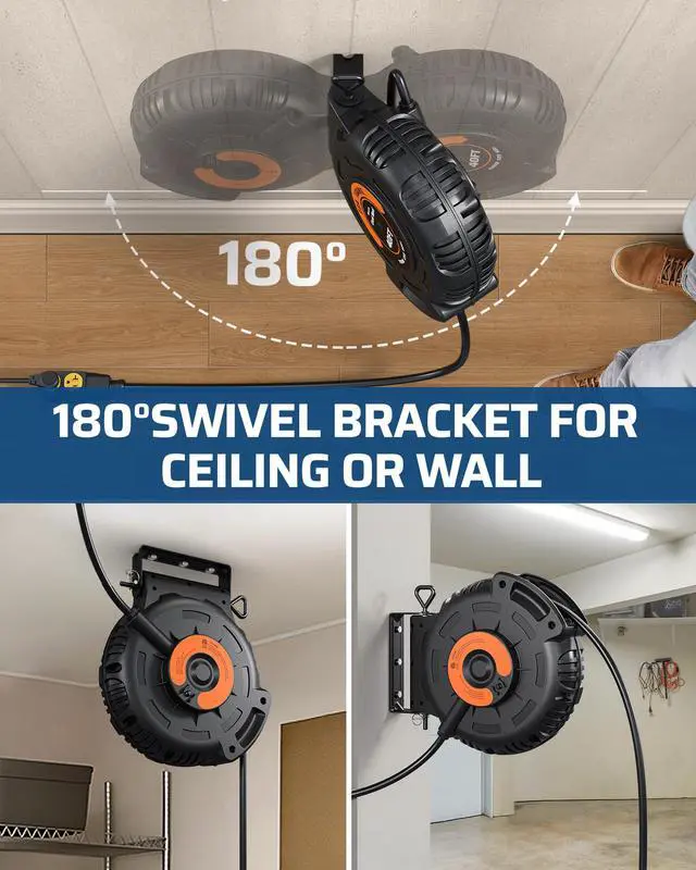 Alt view image 4 of 6 - 10 Gauge Retractable Extension Cord Reel, 40FT, ETL Listed | 10AWG/3C SJTW Heavy Duty Power Cord, 4 Grounded Outlets, 20 Amp Circuit Breaker, 180° Swivel Bracket for Ceiling/Wall Mount