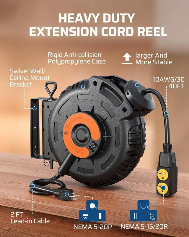 Alt view image 6 of 6 - 10 Gauge Retractable Extension Cord Reel, 40FT, ETL Listed | 10AWG/3C SJTW Heavy Duty Power Cord, 4 Grounded Outlets, 20 Amp Circuit Breaker, 180° Swivel Bracket for Ceiling/Wall Mount