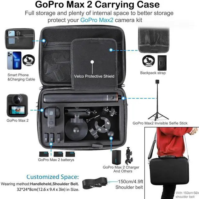 Alt view image 3 of 6 - Accessories Kit for Gopro Max2,Included Carrying Case with Belt,135cm Selfie Stick Tripod,Handlebar Mount,Magnetic Mount,4 Pcs Body Strap Mount,Silicone case,Adhesive Sticker and Others