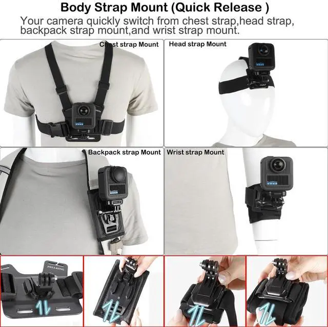 Alt view image 6 of 6 - Accessories Kit for Gopro Max2,Included Carrying Case with Belt,135cm Selfie Stick Tripod,Handlebar Mount,Magnetic Mount,4 Pcs Body Strap Mount,Silicone case,Adhesive Sticker and Others