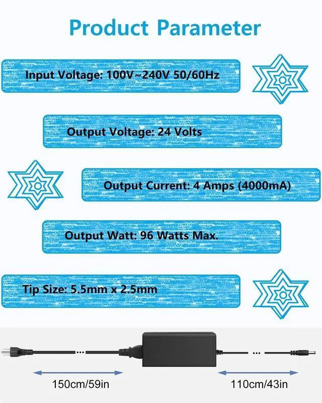 Alt view image 2 of 5 - 24V DC Power Supply 4A Universal AC Adapter, 100-240 50/60Hz Adapter to 24 Volts 4Amp Transformer, DC 24V Power Cord, 5.5mm x 2.5mm Plug