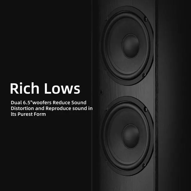 Alt view image 3 of 6 - Floor Standing Tower Speakers Pair, Dual 6.5" Woofers, 120W, Black | 1" silk dome tweeter, passive hi-fi speakers, home theater use, MDF enclosure, deep bass response, for music & movies