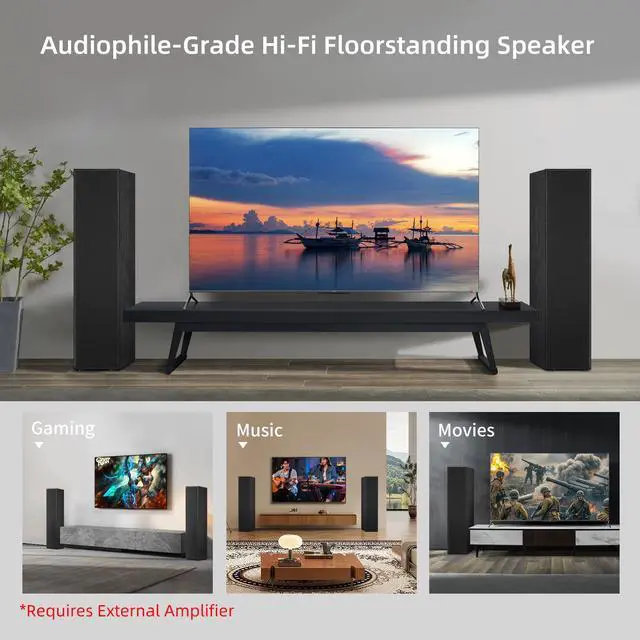 Alt view image 5 of 6 - Floor Standing Tower Speakers Pair, Dual 6.5" Woofers, 120W, Black | 1" silk dome tweeter, passive hi-fi speakers, home theater use, MDF enclosure, deep bass response, for music & movies
