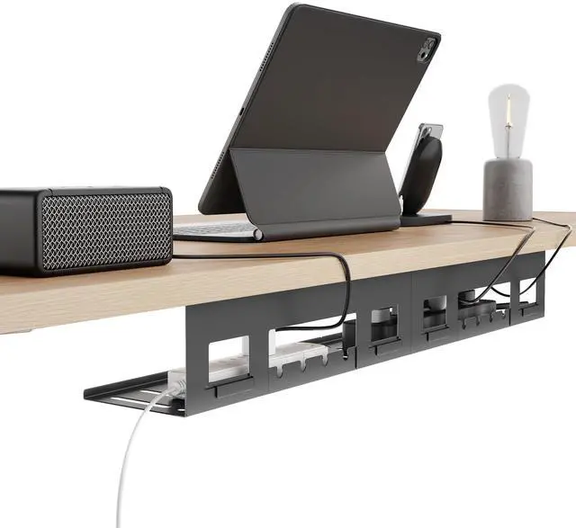 Main image of Under Desk Cable Management Tray, 31.5'' Screw-Mount Steel Rack | Metal Cord Organizer for Power Strips, Chargers, Reversible Installation, Effortless Wire Management for Home Office, Black