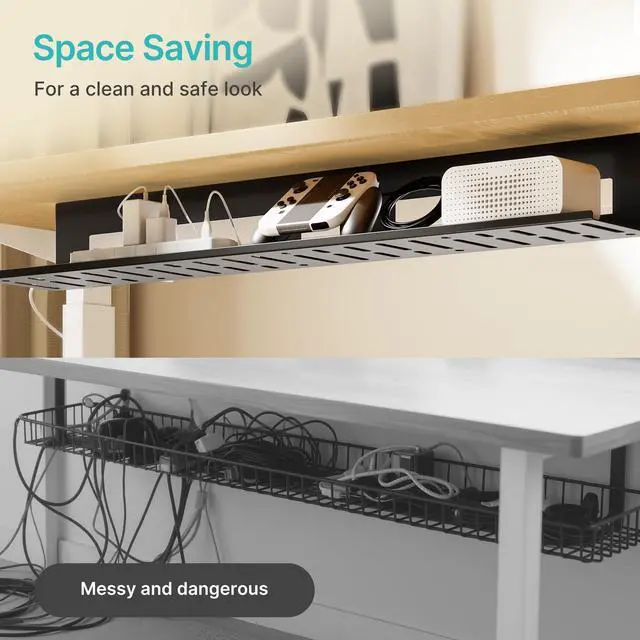 Alt view image 6 of 6 - Under Desk Cable Management Tray, 31.5'' Screw-Mount Steel Rack | Metal Cord Organizer for Power Strips, Chargers, Reversible Installation, Effortless Wire Management for Home Office, Black