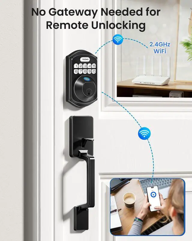Alt view image 3 of 6 - TE012W-H WiFi Fingerprint Door Locks for Front Door, Matte Black | APP Remote Unlock, 1 Second Fingerprint Unlock, Smart Codes Share, Real-time Notification, Auto-Lock, Work with Alexa Google