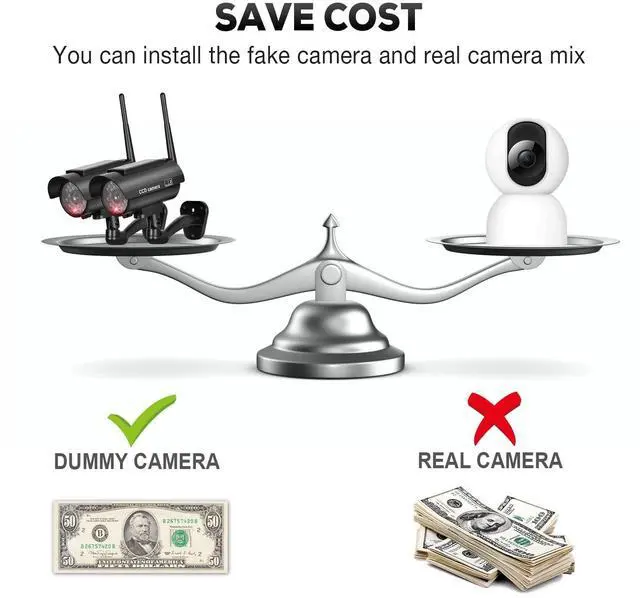 Alt view image 5 of 6 - Solar Powered Fake Security Camera, Bullet Dummy Security Camera Simulated Surveillance System with Realistic Red Flashing Light Sensor and Warning Sticker for Indoor/Outdoor(2Pack, Black)
