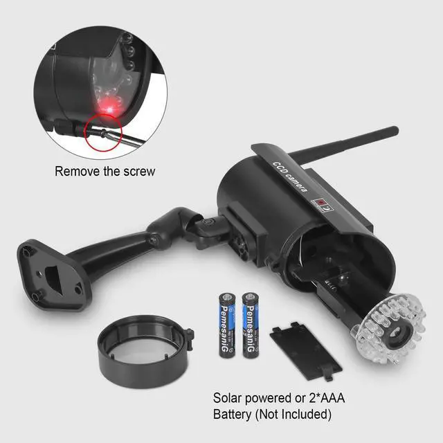 Alt view image 6 of 6 - Solar Powered Fake Security Camera, Bullet Dummy Security Camera Simulated Surveillance System with Realistic Red Flashing Light Sensor and Warning Sticker for Indoor/Outdoor(2Pack, Black)