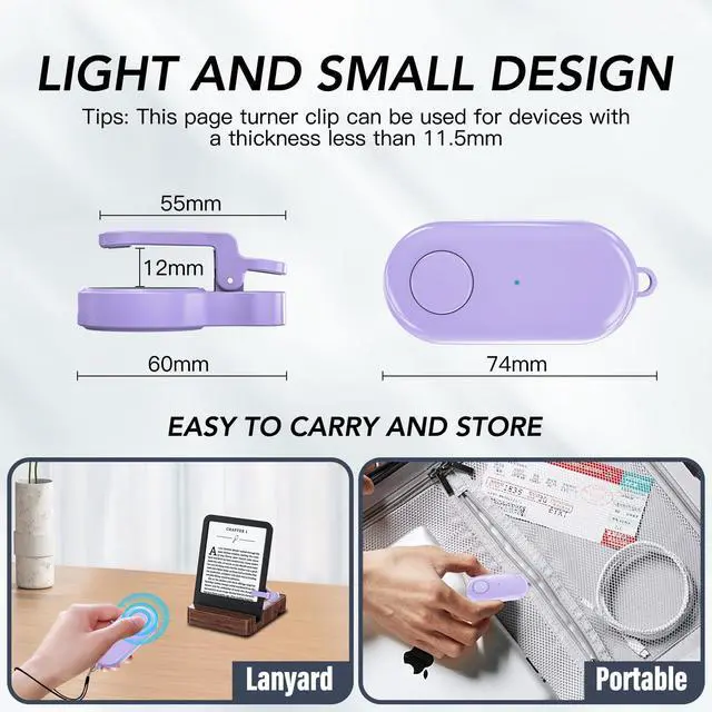 Alt view image 4 of 6 - Remote Control Page Turner for Kindle Paperwhite Oasis Kobo eReaders,Kindle Clicker Page Turner Accessories for iPhone,iPad, Android Tablets Reading Novels,Camera Video Record&Shutter Selfie (Purple)