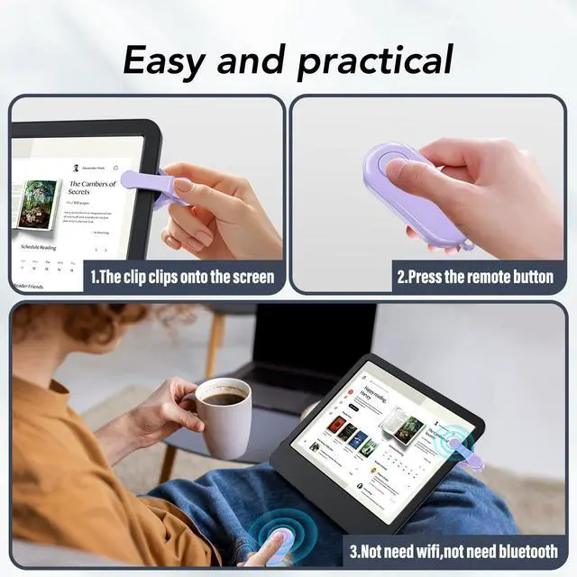 Alt view image 5 of 6 - Remote Control Page Turner for Kindle Paperwhite Oasis Kobo eReaders,Kindle Clicker Page Turner Accessories for iPhone,iPad, Android Tablets Reading Novels,Camera Video Record&Shutter Selfie (Purple)