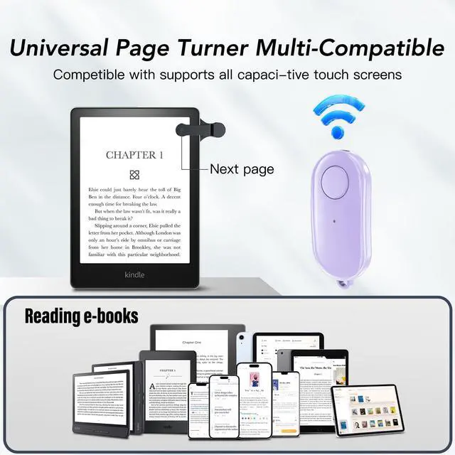 Alt view image 6 of 6 - Remote Control Page Turner for Kindle Paperwhite Oasis Kobo eReaders,Kindle Clicker Page Turner Accessories for iPhone,iPad, Android Tablets Reading Novels,Camera Video Record&Shutter Selfie (Purple)