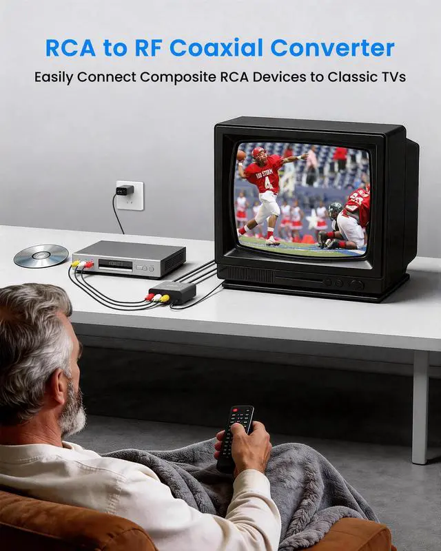 Alt view image 2 of 6 - RF Modulator for TV, RCA to RF Coaxial Adapter with 3.3ft RCA Cable | Channel 3/4 Switch for VHS/VCR/DVD Players Game Consoles, Converts AV Composite Video to Analog NTSC (Dark Grey)