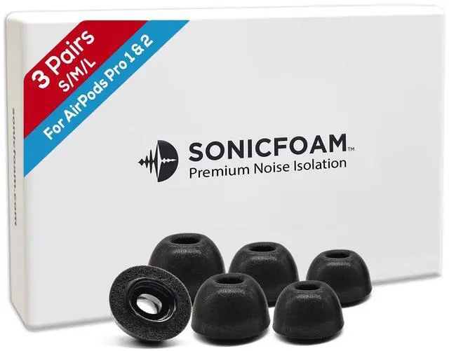 Main image of SFAir-1-2 Pro S/M/L - Memory Foam Earbud Tips - 3 Pairs - Black | Fits Airpods Pro 1 & 2, One Pair Lasts up to 4 weeks, Fits in Charging Case