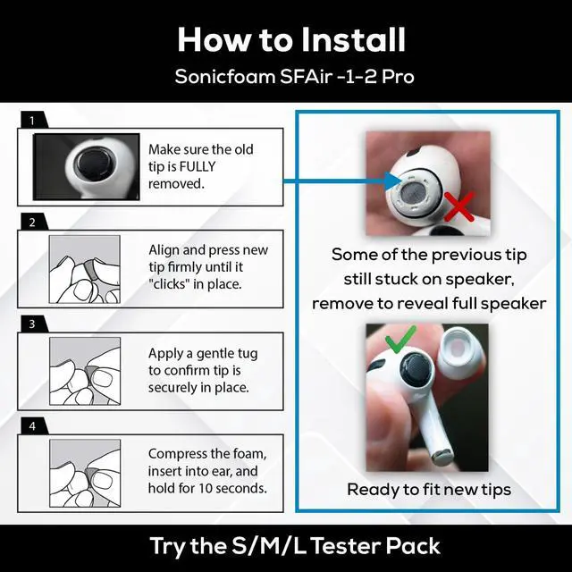 Alt view image 6 of 6 - SFAir-1-2 Pro S/M/L - Memory Foam Earbud Tips - 3 Pairs - Black | Fits Airpods Pro 1 & 2, One Pair Lasts up to 4 weeks, Fits in Charging Case